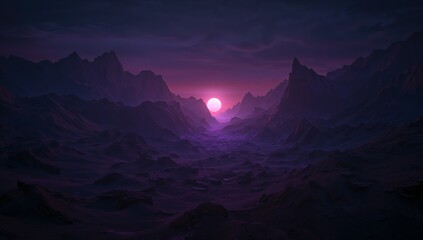 Dramatic Sunset Over a Mountainous Alien Landscape
