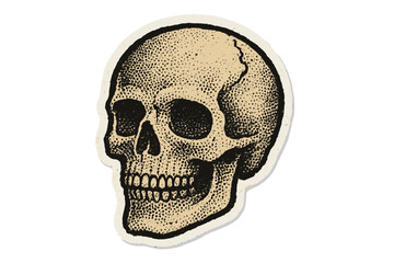 Skull halftone mixed media collage paper sticker. Dotted vintage illustration in 90s zine paper piece style. Human skeleton head for Halloween. Creepy anatomy horror design.