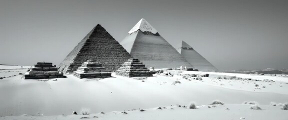 A black and white photo of three pyramids in the desert.