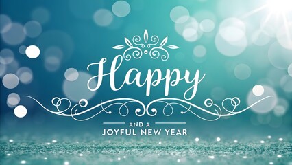 Happy and a Joyful New Year text with decorative swirls and bokeh happy new year greeting