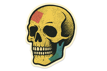 Fototapeta premium Vintage halftone skull illustration with colorful mixed media collage elements, dotted 90s zine style paper sticker, retro cartoon vector design for Halloween and spooky themes