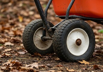 Fototapeta premium Gardening spreader wheels on autumn leaves ready for work