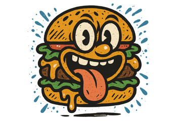 Funny burger cartoon character mascot with a silly face. Urban graffiti street art style. Textured hand drawn vector for fast food, t-shirt, sticker, or apparel merchandise.