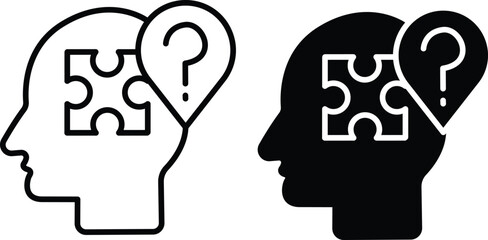 Head Puzzle and Question Mark Icon – Problem Solving and Critical Thinking Symbol and Vector Silhouette..eps