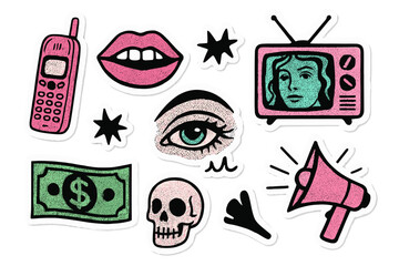 Trendy punk Y2K collage paper sticker set with retro halftone effects, vintage cell phone, old TV, lips, eye, skull, money, megaphone, stars, doodle elements, 90s style graphic design