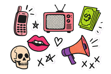 Trendy punk Y2K collage paper sticker set with retro halftone effects and naive doodle elements featuring vintage cell phone, TV, lips, money, skull, megaphone, and expressive symbols