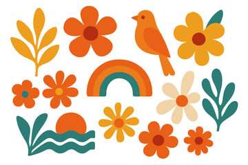 Trendy retro 70s-inspired groovy floral design with Matisse-style summer elements including colorful flowers, leafy shapes, bird, rainbow, sea, and sun, vintage boho vibe