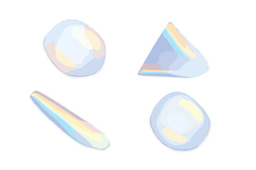 Various colorful reflected sunlight spots with rainbow prism effect, holographic glass light dispersion, crystal flare, and transparent shadow overlay on white background
