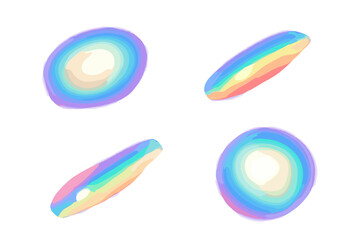 Various colorful spots of reflected sunlight with vibrant rainbow prism light effect and holographic glass dispersion flare, crystal light leak shadow overlays on white background for design