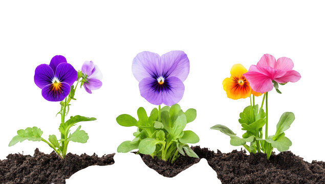 A display of blooming pansy flowers in various colors emerging from rich dark soil. set against a clean white background. ideal for gardening or nature-themed projects