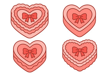 Set of retro heart shaped cakes in a groovy coquette design. Cute pink and red dessert with ribbon bow for Valentine's day. Y2K cartoon vector icon pack for love celebration.