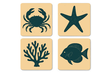 Sea creatures silhouette vector icon set. Hand drawn marine animal collection with crab, starfish, coral, fish. Underwater sea life concept for posters, cards or covers.
