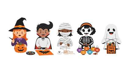Halloween Characters: A charming illustration showcasing a collection of children in delightful costumes ready to celebrate the spookiest season.