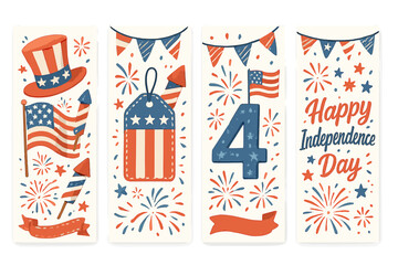 Set of 4th of July banners for American Independence Day. Vector collection with USA flag, fireworks, stars, stripes. Patriotic templates for greeting card, sale, poster.