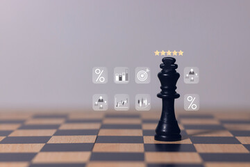 Black king chess piece on wooden chessboard, symbol of leadership, strategy, power, business...