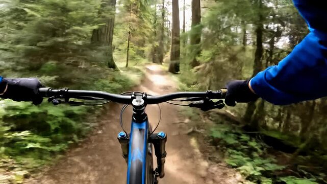 Exhilarating first-person pov video: mountain biker's gloved hands on handlebars, blue top, rapidly navigating winding dirt trail through lush temperate forest with dappled sunlight, dynamic adventure
