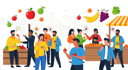 A vibrant vector illustration showcasing people enjoying fresh fruits at a farmers market and the