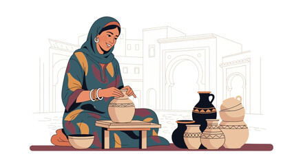 A woman in traditional attire crafts pottery in front of historical architecture scene
