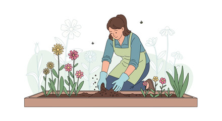 A woman gardening, planting flowers in a raised bed with beautiful blooms illustration style,
