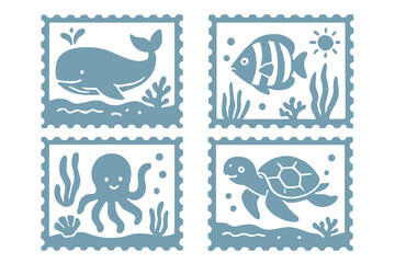 Summer sea ocean cute underwater animal stamp set. Vector textured flat graphic design. Whale, fish, octopus, turtle characters. Simple naive monochrome cartoon illustration.