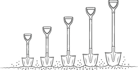Shovel, silhouette, vector, icon, set, black, tool, garden, soil, digging, equipment, handle, blade, ground, outdoor, illustration, construction, farming, graphic, comparison, scale