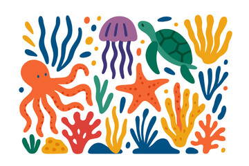 Underwater sea world abstract art. Ocean coral reef, marine life illustration with octopus, jellyfish, turtle, starfish. Naive hand drawn vector set. Childish paper cutout style.
