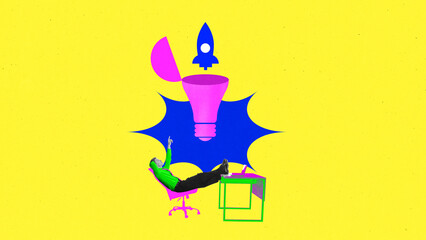 Bright collage. Relaxed businessman with rocket and light bulb symbols showing dreamy emotion. Concept of psychology and emotions, startup imagination, creativity, and innovation branding.