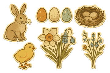 Vintage paper collage of traditional Easter elements set featuring April holiday bunny, colorful eggs, yellow chick, spring flowers, and bird nest, retro torn paper stickers vector illustration