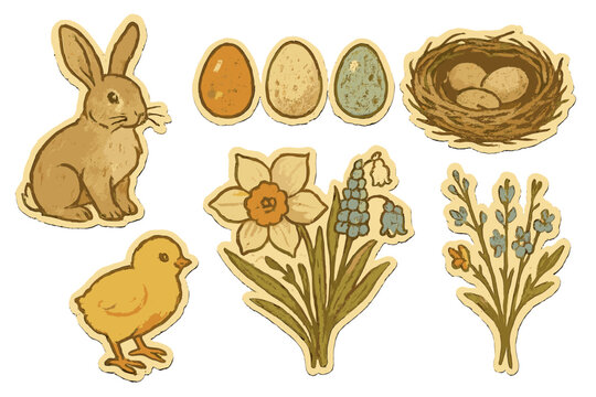Vintage paper collage of traditional Easter elements set featuring April holiday bunny, colorful eggs, yellow chick, spring flowers, and bird nest, retro torn paper stickers vector illustration