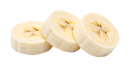 Three sliced banana pieces isolated on transparent background
