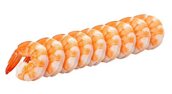 Row of cooked shrimp isolated on transparent background