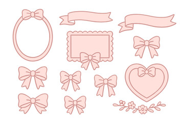 Pink coquette bow and ribbon set. Hand drawn vector frames, borders for romantic invitations, cute greeting cards, feminine social media posts. Girly aesthetic illustration.