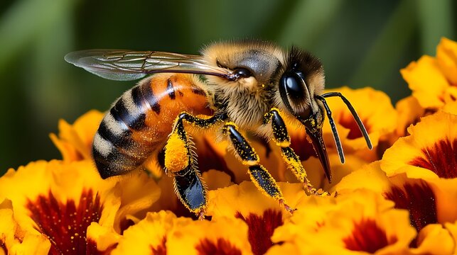 Honey bee collecting pollen on yellow marigold flower, macro photography of honeybee on bright blossom, industrious insect pollinating garden plant