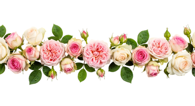 Delicate pink and white roses with green leaves isolated on transparent background