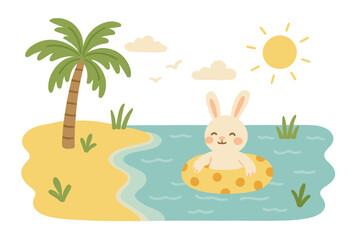 Cute rabbit on summer vacation. Funny bunny in inflatable ring swimming in sea. Tropical beach landscape with palm tree. Hello summer concept. Kids cartoon vector illustration.