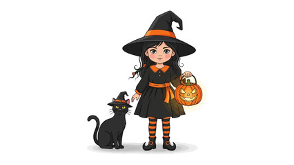 A Halloween witch with her Black Cat: A cute witch and cat stand, embodying the festive spirit of Halloween. The girl's witch costume and hat pair perfectly with the cat and the pumpkin.