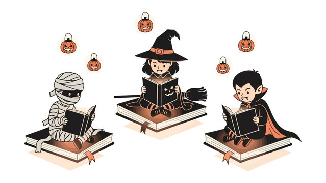 Halloween Book Club: A delightful illustration captures the enchanting essence of Halloween, featuring three costumed children immersed in the joy of reading spellbinding stories.