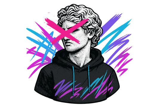 Urban street style vaporwave Greek statue with graffiti. Anti-establishment hipster graphic vector for t-shirt print. Halftone marble sculpture in hoodie. 90s pop art.