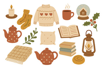 Winter hygge clipart set. Cozy home elements collection. Hand drawn flat vector illustration for stickers, cards, scrapbooking. Warm sweater, books, tea, and candle icons.