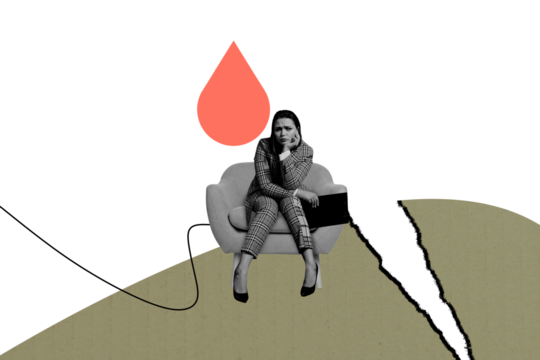 Creative collage picture young upset thoughtful woman armchair worker job career problem dilemma tear drop thoughtful drawing background