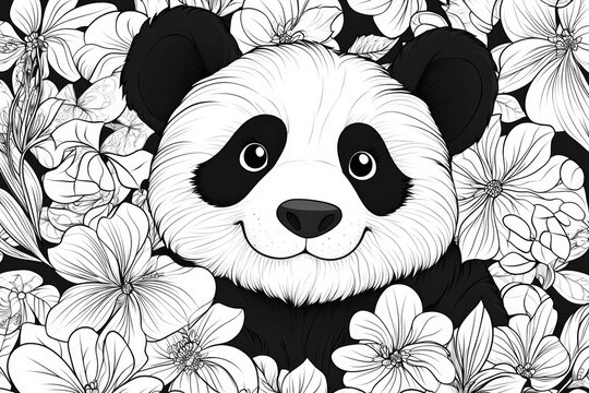 Detailed Zentangle patterns adorn the fur of a serene panda, peacefully surrounded by lush bamboo leaves in this intricate black and white line drawing, perfect for a coloring book