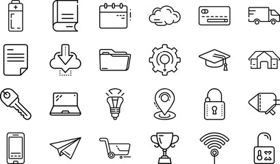 Set of 24 Minimal Line Icons Collection – Business, Education, Technology, Shopping, Security, Cloud, Delivery, Calendar, Mobile, and Web Symbols for UI UX and Graphic Design
