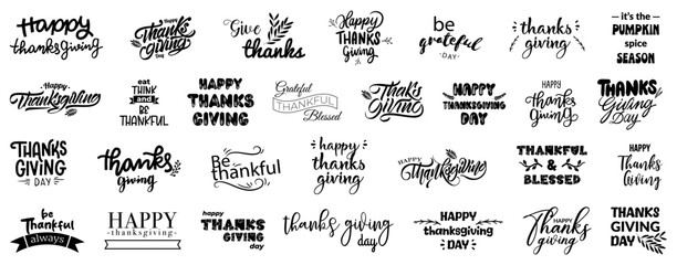 Thanksgiving Day calligraphy font badges. Happy Thanksgiving calligraphy text for greeting card. Happy thanksgiving lettering calligraphy text