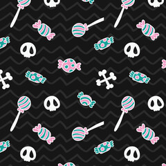 Seamless Halloween Pattern Background With Different Halloween Candies. Vector Halloween Elements.
