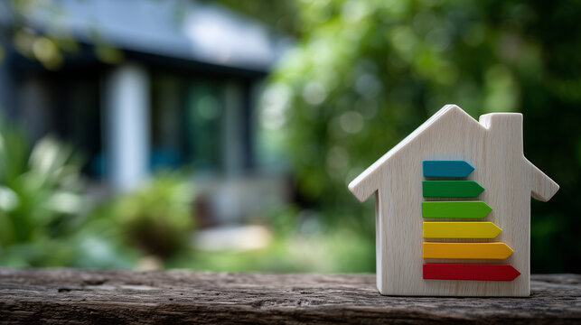 Conceptual eco scene with wooden house figurine, multi-colored energy efficiency gauge standing upright next to it, contemporary home blurred behind, soft depth-of-field effect