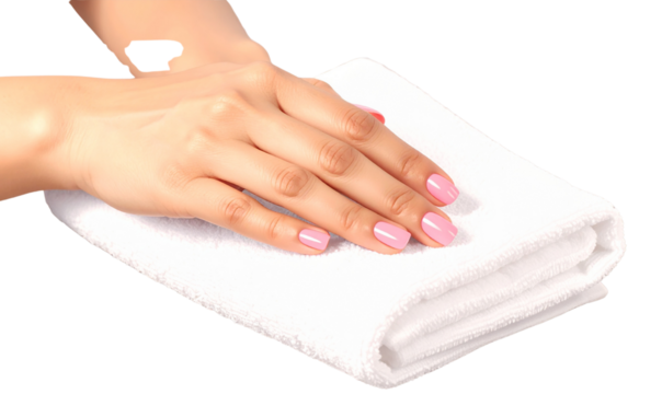 Close-Up of Woman’s Hand with Pink Glossy Nail Design Resting on White Towel, Isolated on Transparent Background
