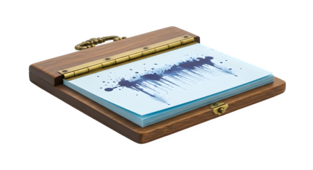 Wooden notepad isolated on transparent background, featuring a unique ink splatter design, perfect for adding a touch of artistic flair to your workspace