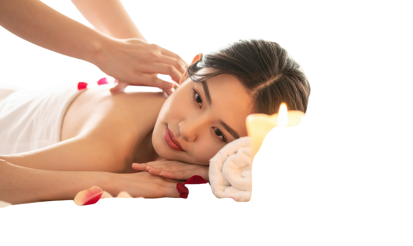 Elegant Young Woman Receiving Hand Massage with Aromatherapy Candles, Relaxed Expression, Isolated on Transparent Background - Powered by Adobe