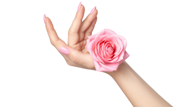 Female Hand with Elegant Pink Matte Manicure Holding a Rose Flower, Isolated on Transparent Background