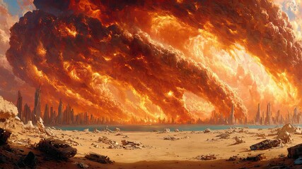 Massive fiery explosion in desert landscape with towering flames, dense smoke clouds, and scorched barren terrain under dramatic sky
